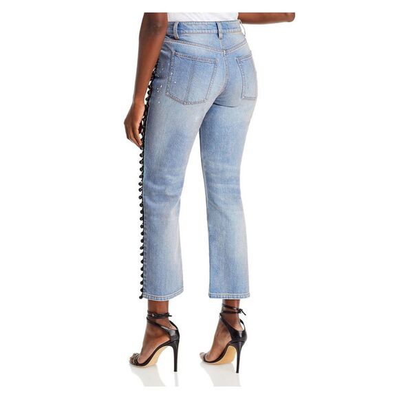 HELLESSY Womens Blue Zippered Paint Splatter Pom Pom Trim Straight leg Jeans 4 - Picture 2 of 2